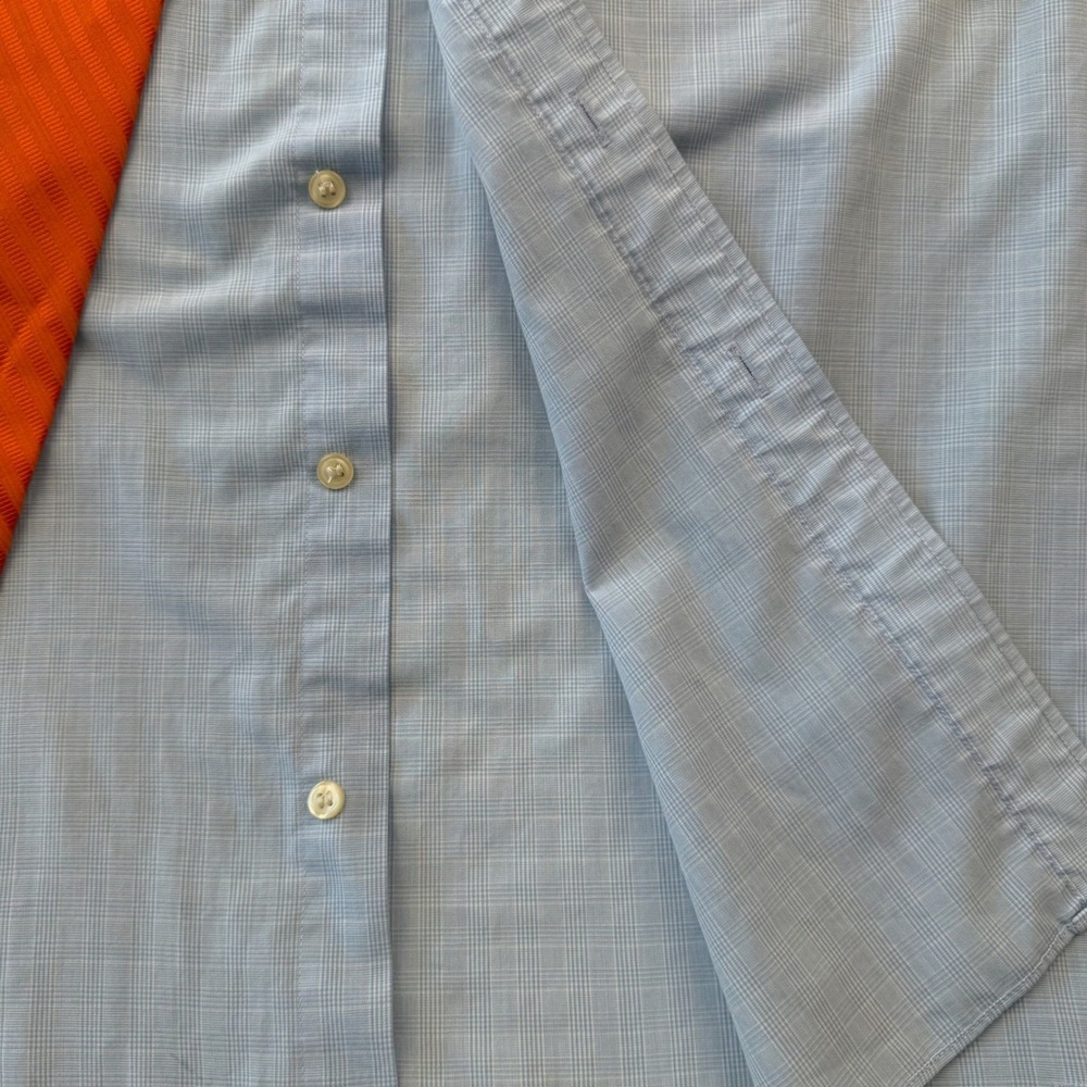 Marks & Spencer Dress Shirt Tie Set Blue Micro Check Orange Striped 15.5 39-40 - Picture 4 of 5